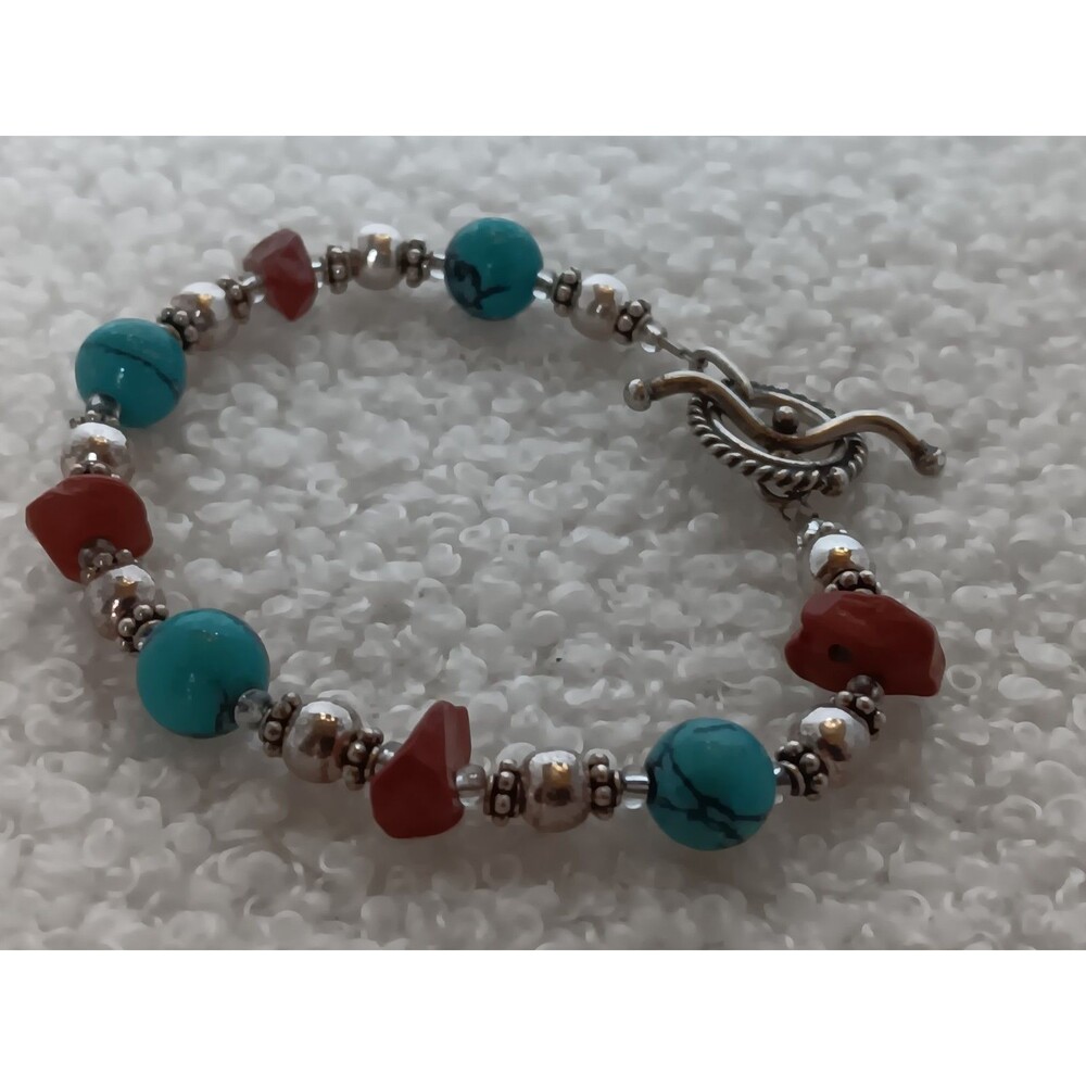 Artisan Turquoise & Red Jasper Sterling Silver Bracelet 6 in Toggle Clasp